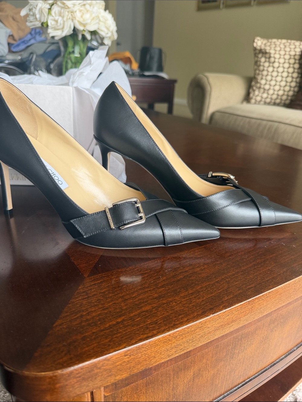 Jimmy Choo Black Leather Pointed-Toe Pumpwith Buckle Detail Alix85 size 41 NWT - Picture 2 of 9